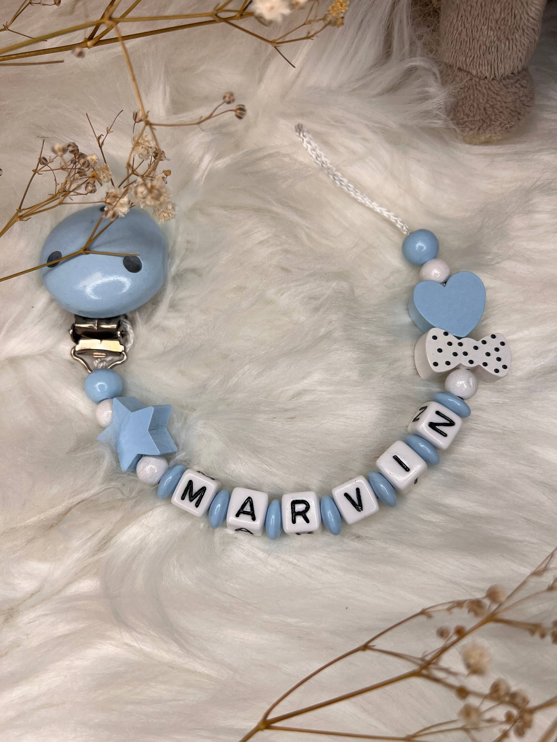 Schnullerkette Mit Namen - Blau Geschenkidee Babyparty- Personalisiert von GlamAccessoires