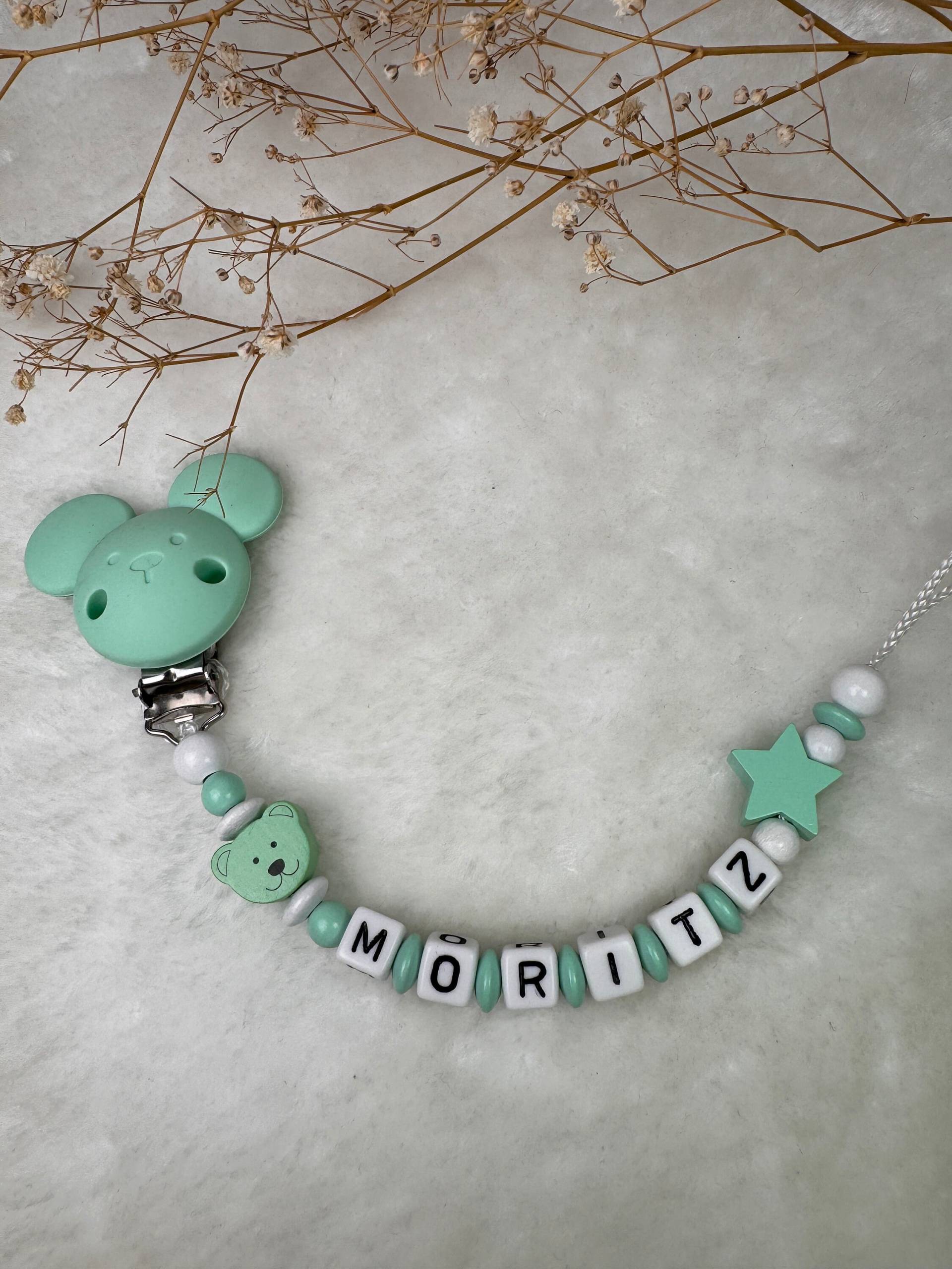 Schnullerkette Mit Namen - Mint Bärchen Und Maus Clip Geschenkidee Babyparty- Personalisiert von GlamAccessoires