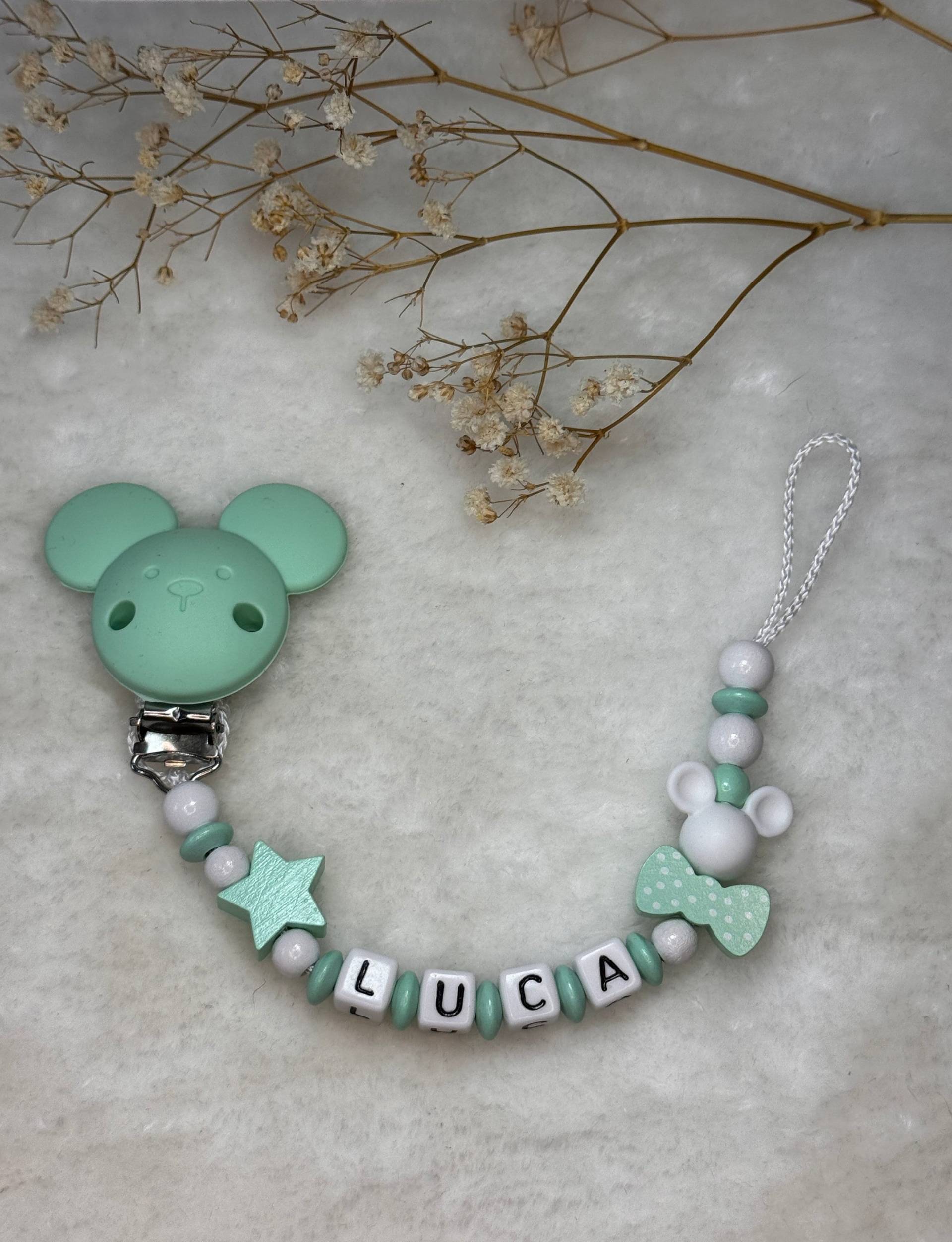 Schnullerkette Mit Namen - Mint Maus Clip Geschenkidee Babyparty- Personalisiert von GlamAccessoires