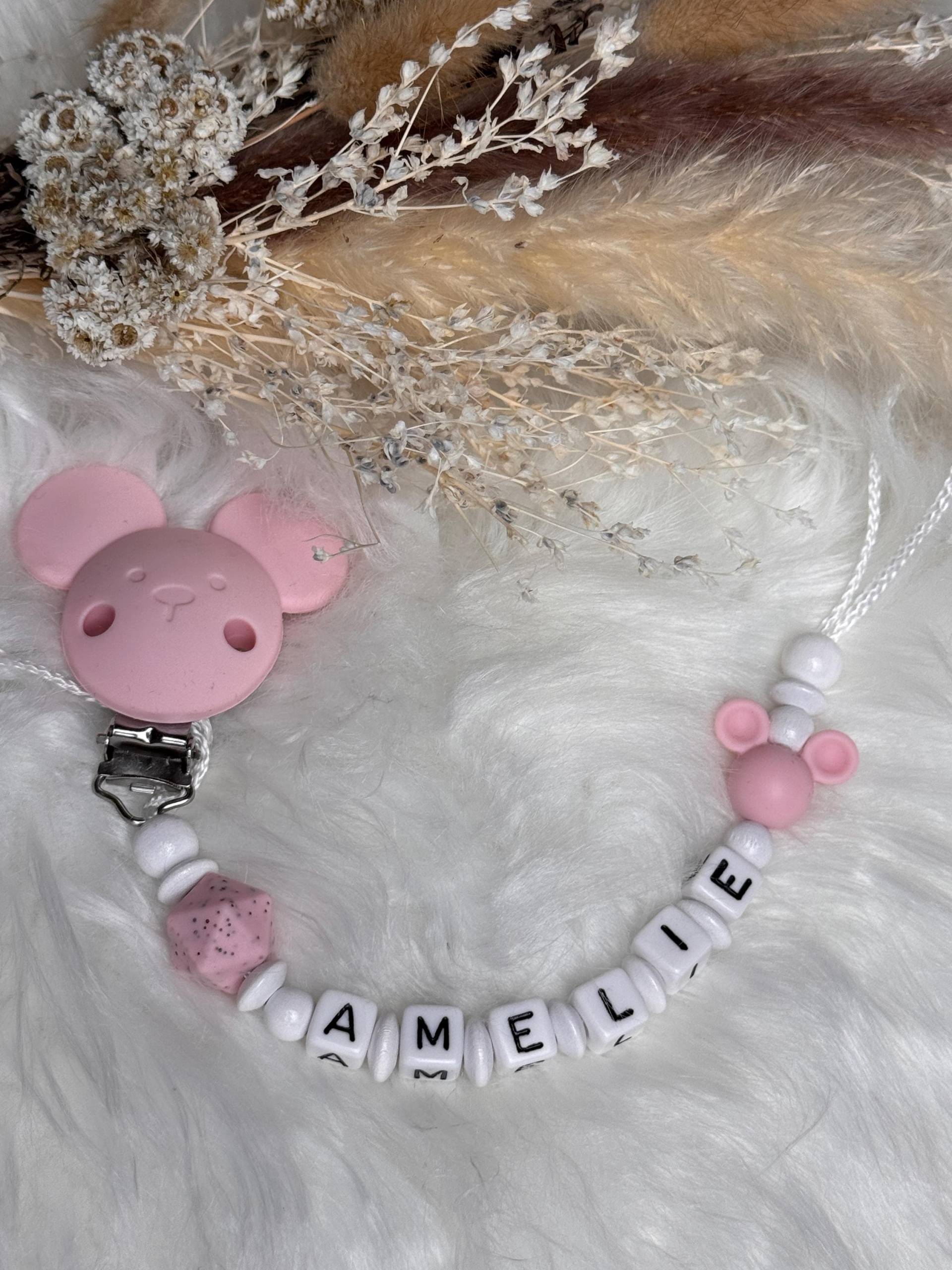 Schnullerkette Mit Namen - Rosa Blau Maus Clip Geschenkidee Babyparty- Personalisiert von GlamAccessoires