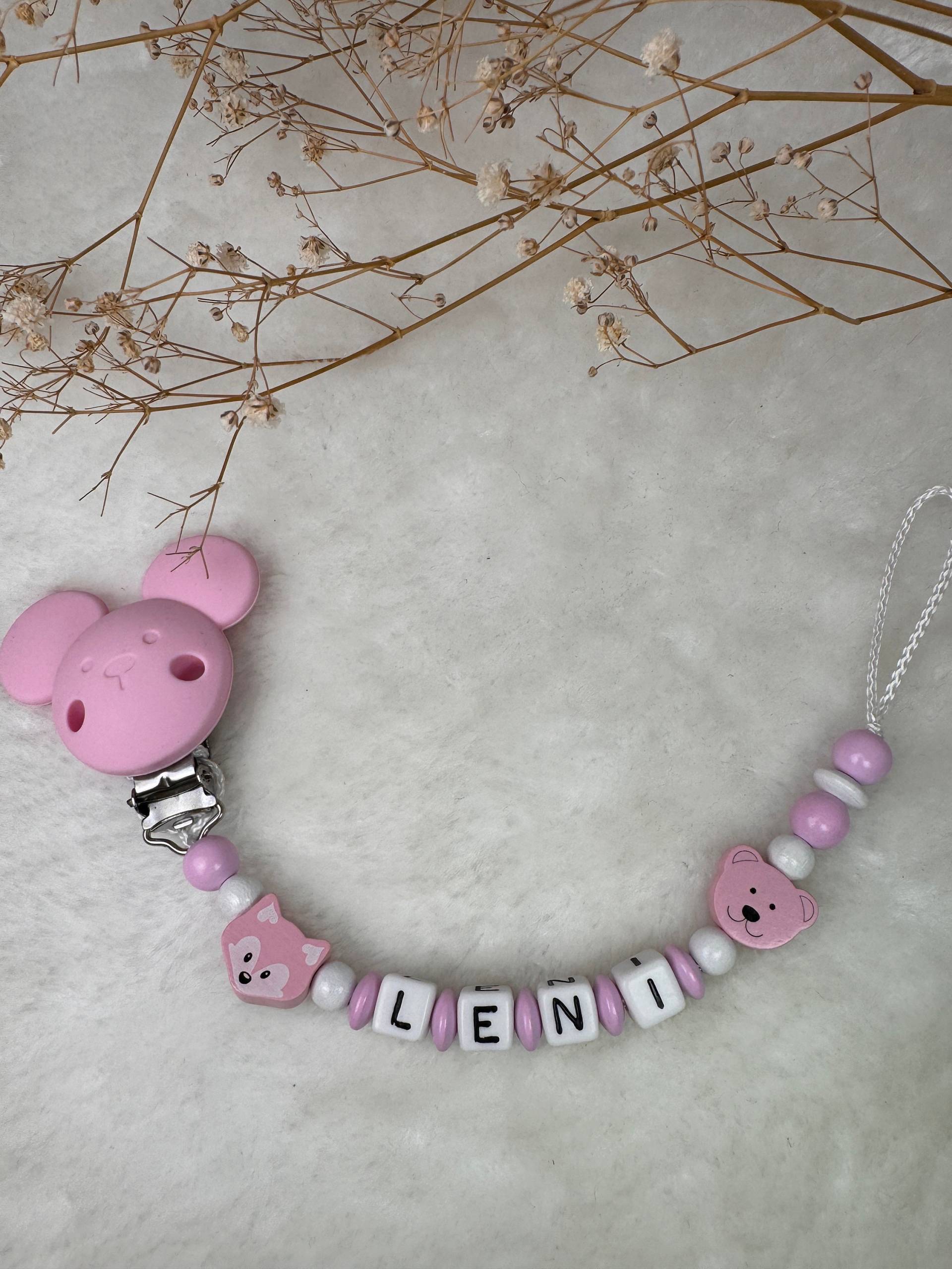 Schnullerkette Mit Namen - Rosa Einem Kleinen Fuchs Und Maus Clip Geschenkidee Babyparty- Personalisiert von GlamAccessoires