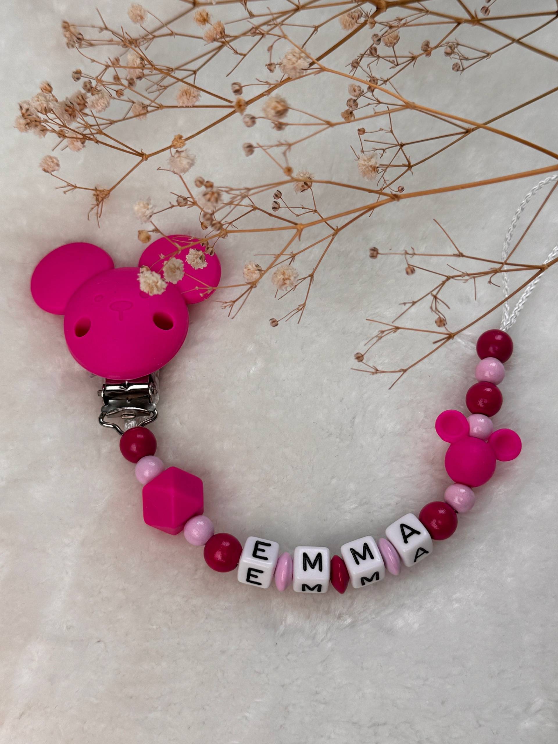 Schnullerkette Mit Namen - Rosa Pink Bärchen Und Maus Clip Geschenkidee Babyparty- Personalisiert von GlamAccessoires