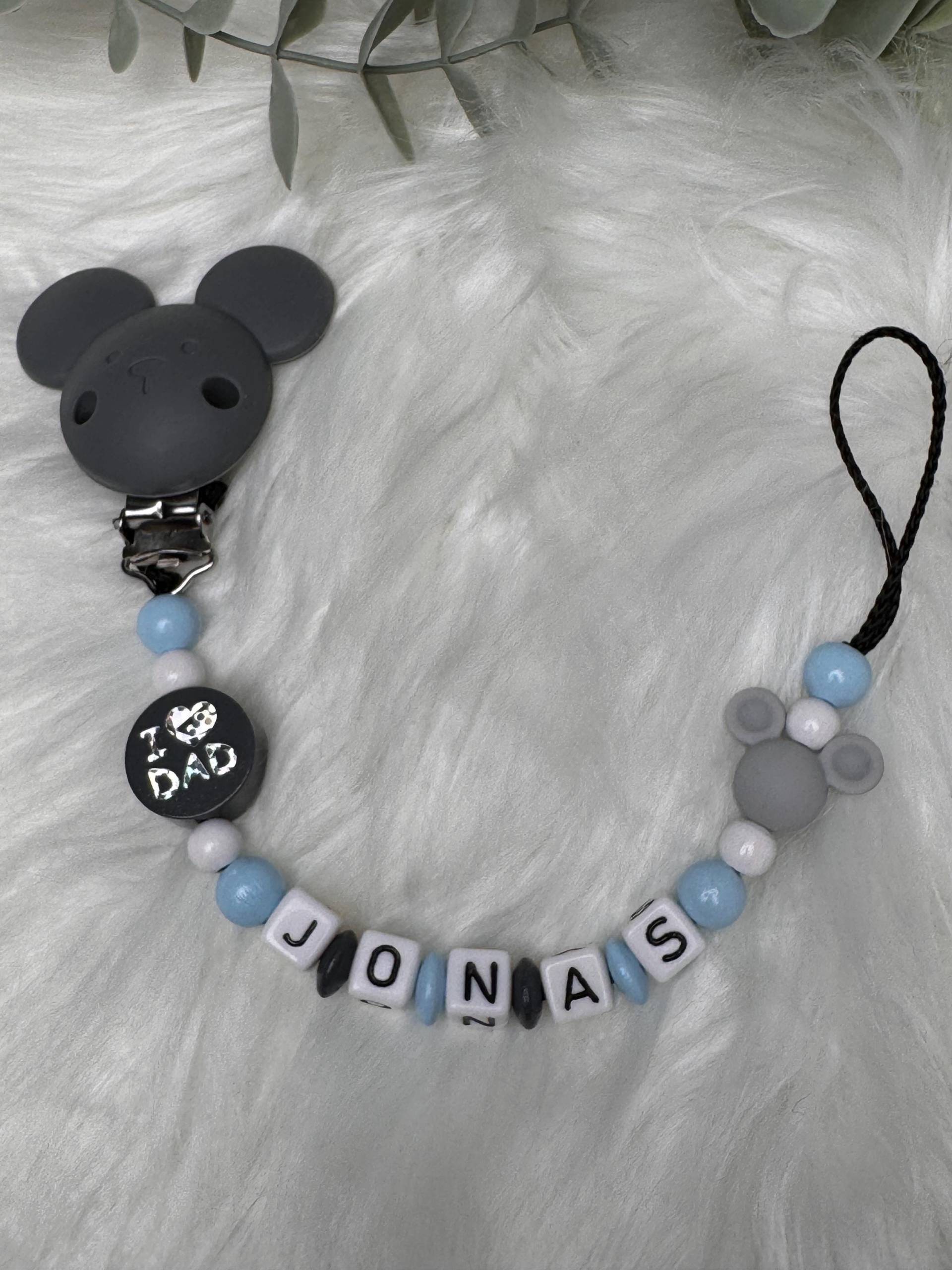 Schnullerkette Mit Wunschname, Grau Blau, Geschenkidee, Babyparty, Personalisiert Silikon Maus Clip, I Love Mom von GlamAccessoires