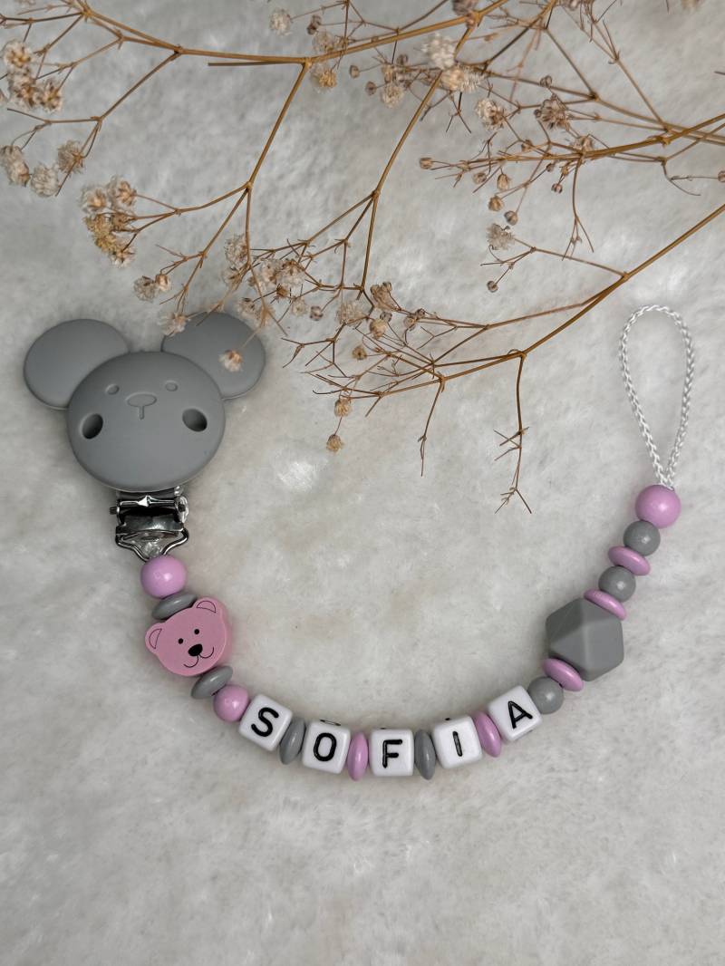 Schnullerkette Mit Wunschname, Rosa Grau, Geschenkidee, Babyparty, Personalisiert Silikon Maus Clip von GlamAccessoires