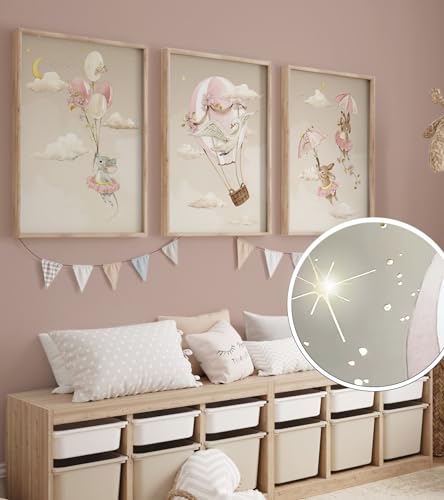 GlamPosters Bilder Set 3x 50x70 cm - Deko Wandbilder für Babyzimmer und Kinderzimmer - Wandbilder ohne Rahmen - Pastell Dekoration für Baby- & Kleinkinderzimmer - Luftballon von GlamPosters