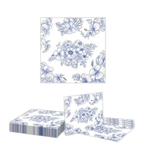 GlamRays 24 Stück Servietten Blaue Blumen, Blaue Floral Servietten, Servietten mit blauen und weißen Blumen für Hochzeit, Brautparty, Geburtstag(33x33cm) von GlamRays