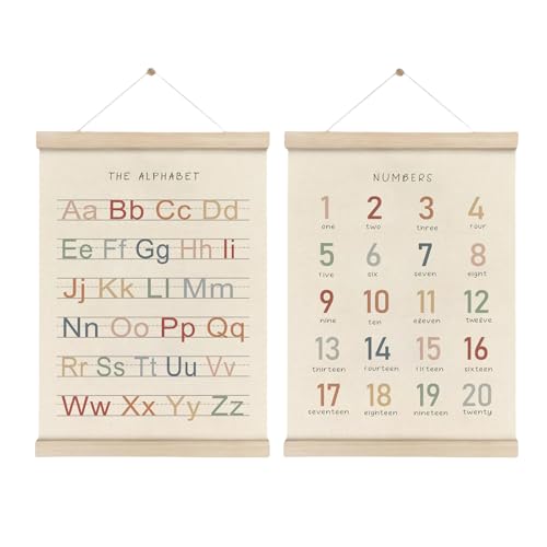 GlamRays Alphabet Zahlen Poster Hänger Rahmen Set von 2, Kinderzimmer Wanddekoration, ABC Banner Poster Wandkunst mit Holzrahmen, Alphabet Banner Wandhänge Dekoration 30x40 cm von GlamRays