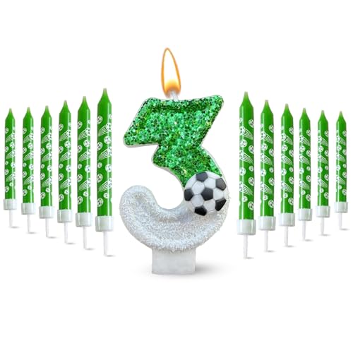 Glamify 13 STK Kerze 3 Geburtstag Junge,3D Geburtstagskerzen Kinder Kerzen Geburtstag Fußball Geburtstagskerzen Zahlen 3. geburtstag Junge,Geburtstagskerze 3 Fußball Geburtstag Kerzen Kerze Zahl Grüne von Glamifyr