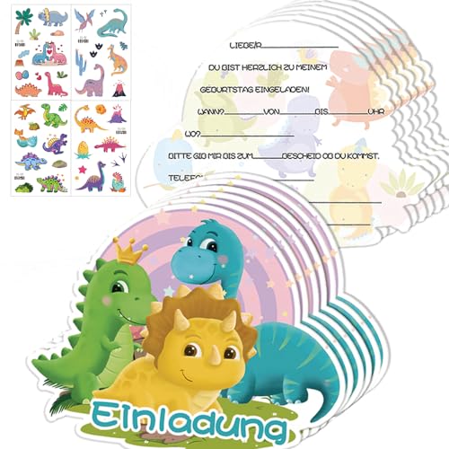 Glamifyr 12 Stück Dino Einladungskarten Kindergeburtstag Jungen,Einladungskarten Kindergeburtstag Dino Einladungskarten Dinosaurier Kindergeburtstag,4 Stück Kindertattoos Dino Tattoo Kinder von Glamifyr