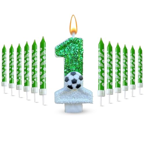 Glamifyr 13 STK Kerze 1 Geburtstag Junge,3D Geburtstagskerzen Kinder Kerzen Geburtstag Fußball kerze 1. geburtstag Junge,Geburtstagskerze 1 Fußball Geburtstag Kerzen Kerze Zahl Grüne Geburtstagskerzen von Glamifyr