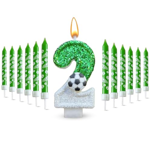 Glamify 13 STK Kerze 2 Geburtstag Junge,3D Geburtstagskerzen Kinder Kerzen Geburtstag Fußball Geburtstagskerzen Zahlen 2. geburtstag Junge,Geburtstagskerze 2 Fußball Geburtstag Kerzen Kerze Zahl Grüne von Glamifyr