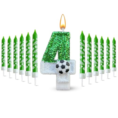 Glamifyr 13 STK Kerze 4 Geburtstag Junge,3D Fußball Grüne Geburtstagskerzen Kinder Kerzen Geburtstag Fußball Geburtstagskerzen Zahlen 4. geburtstag Junge,Geburtstagskerze 4 für Geburtstagsdeko von Glamifyr