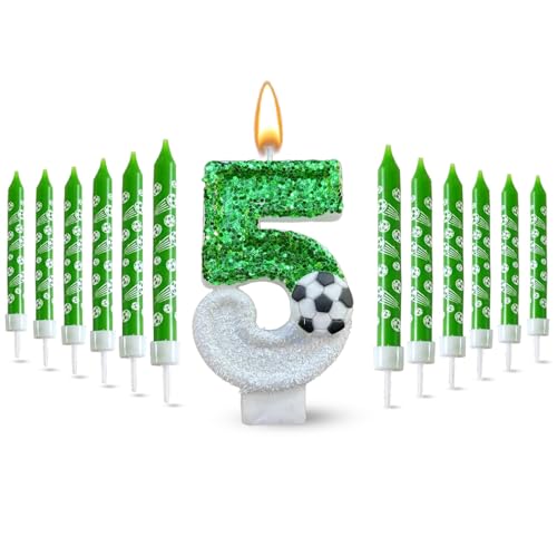 Glamifyr 13 STK Kerze 5 Geburtstag Junge, 3D Fußball Grüne Geburtstagskerzen Kinder Kerzen Geburtstag Fußball Geburtstagskerzen Zahlen 5. geburtstag Junge, Geburtstagskerze 5 Zahl 5 Kuchen Topper von Glamifyr