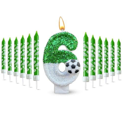 Glamifyr 13 STK Kerze 6 Geburtstag Junge,Geburtstagskerzen Kinder Kerzen Geburtstag Fußball Geburtstagskerzen Zahlen 6. geburtstag Junge,Geburtstagskerze 6 Fußball Geburtstagskuchendekorationen Grüne von Glamifyr