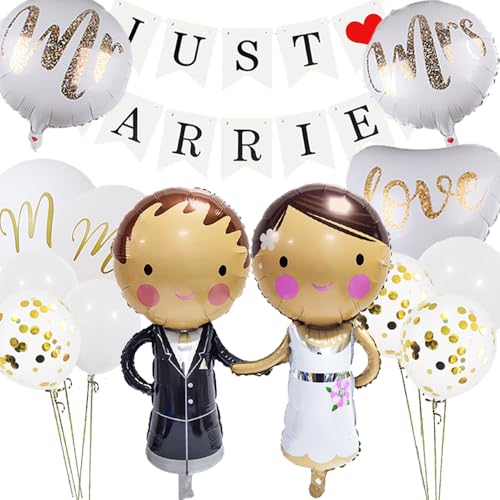 Glamifyr 17 Stück Just Married Hochzeit Deko,Luftballons Hochzeit Luftballons Wimpelkette Hochzeit Just Married Girlande,Brautpaar Figuren Folienballon Helium Ballons Hochzeit Ballons Weiß Deko von Glamifyr