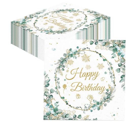 Glamifyr 40 Stück Servietten Geburtstag Perfekt Für Servietten Happy Birthday, Geburtstagsservietten,Servietten Eukalyptus, Servietten Salbeigrün als Happy Birthday Tischdeko (33 x 33 cm) von Glamifyr