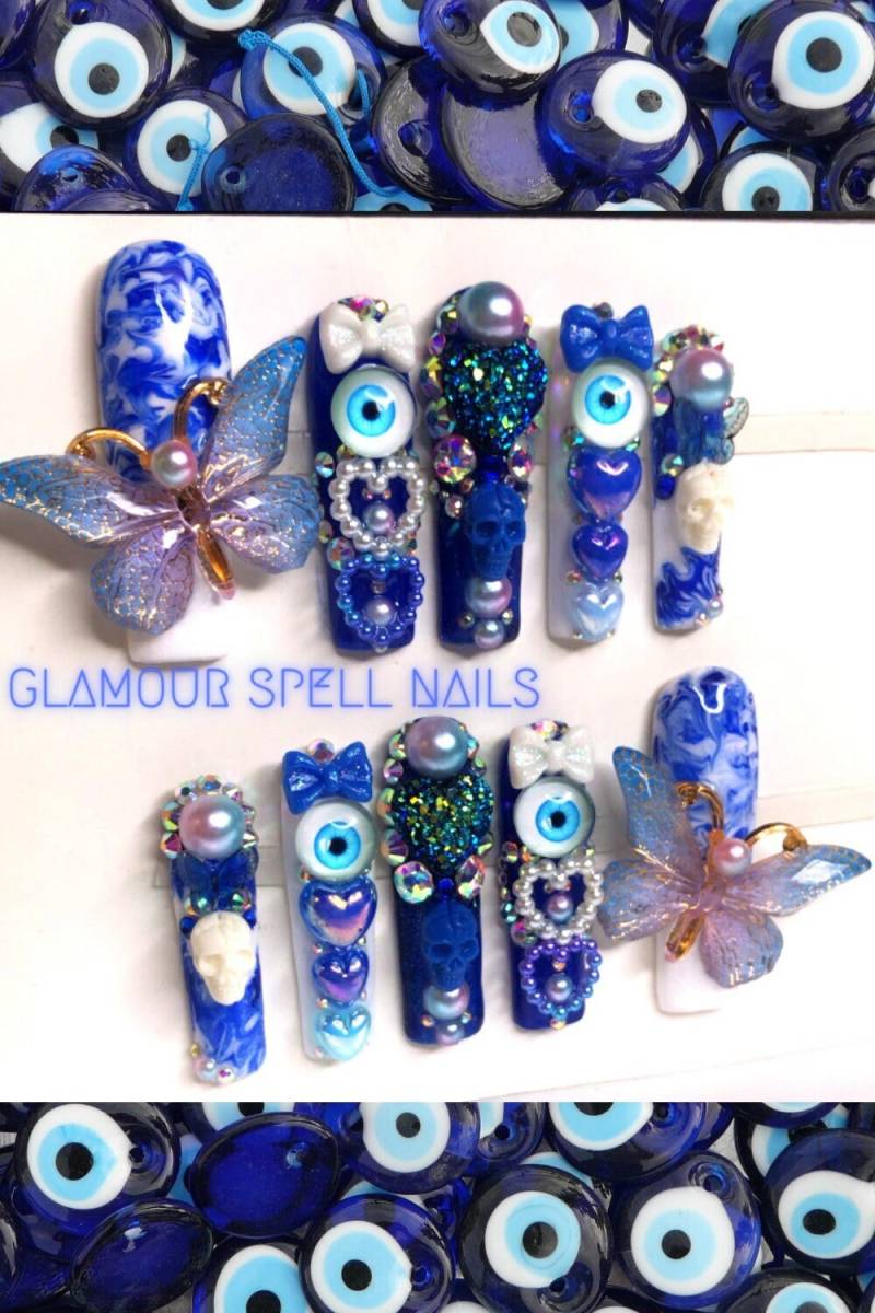 Schutz Zauber-Größe Große Royal Blau Evil Eye Luxus Presse Auf Nagel Set/Witchy Nägel/Blau Alternative Goth Nägel/Mermaidcore von VampiressManicurist