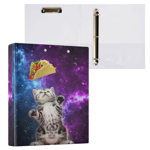 Glaphy Cute Taco Cat Galaxy 3 Ringbuch 3,8 cm, runder Ringordner und flaches Klemmbrett, hält 200 Blatt, täglicher Bürobedarf von Glaphy