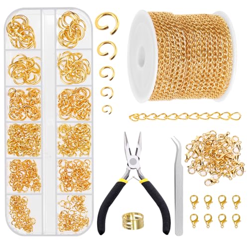 Galrks 504Pcs Metall Gold Link Ketten, Mental überzogene Schwanz Ketten mit Sprung Ringe und Hummer Verschlüsse für Schmuck Zubehör DIY (Gold) von Glarks