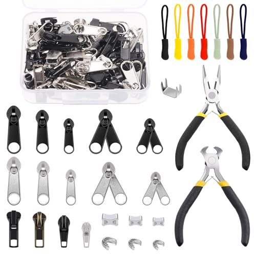 Glark 144pcs #3#5#8 Reißverschluss Reparatur Kit, beinhaltet Reißverschluss Ersatz Stopps Pulls mit Installationszange, Reißverschluss Schieber Reißverschluss Pull Ersatz Zip Fixer Teil von Glarks