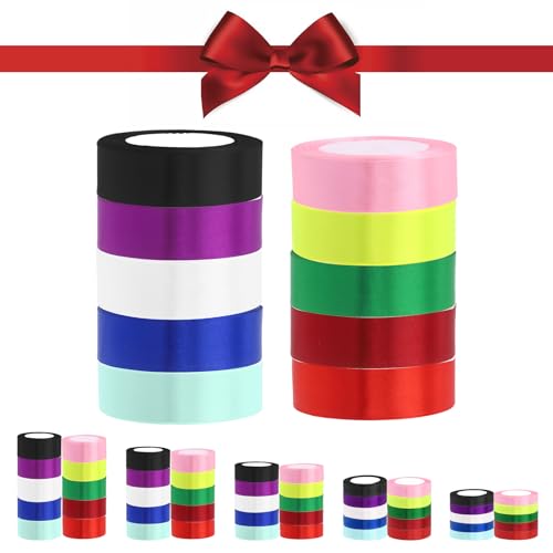 Glarks 10 Rolls 3/4 Inches x 25 Yards Satin Ribbons Set, 10 Colors Double Faced Polyester Fabric Ribbon Roll Fabric Satin Ribbon for Gifts Wrapping Hair Bows Flower Packaging Party Wedding Decoration von Glarks