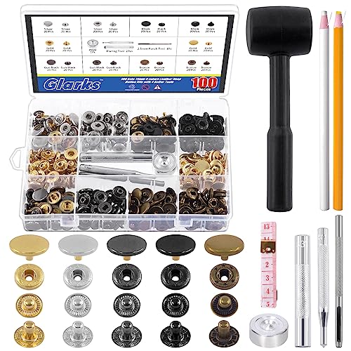Glarks 100 Sets Leder-Druckknöpfe, 15 mm, 6 Farben, Metall-Druckknöpfe mit 7 Einstellwerkzeugen, Hammer, Fettstiften und Maßband für DIY-Lederhandwerk, Kleidung, Taschen Glarks 100 Sets Leder-Druckknöpfe, 15 mm, 6 Farben, Metall-Druckknöpfe mit 7 Einstellwerkzeugen, Hammer, Fettstiften und Maßband für DIY-Lederhandwerk, Kleidung, Taschen von Glarks