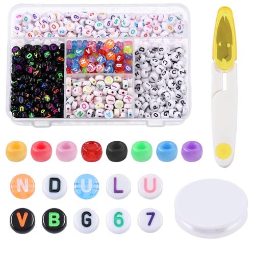 Glarks 1202Pcs Runde Buchstabe Perlen mit Pony Perlen Kit Anzahl Perlen, runde Alphabet Perlen und Bulk Regenbogen Haar Perlen für Schmuck Herstellung DIY Armband Halskette Schlüsselanhänger von Glarks