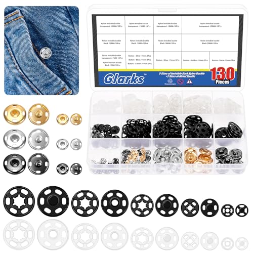 Glarks 130pcs 6 Größen Nähen Sie auf Snap Buttons Kit 5 Farben Nylon unsichtbarer kleiner Druckknopf, unsichtbare Druckknöpfe Knöpfe Kleidung Versteckte Taste für Kleidung Stoff von Glarks