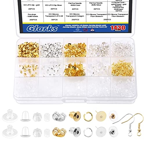 Glarks 1430Pcs Earring Backs Kit, 10 Styles Metal Silicone Bullet Butterfly Flower Disc Shape Earring Backs Locking with Earring Hooks, Jump Rings and Earring Posts for Earring Making Supplies von Glarks