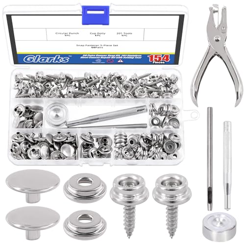 Glarks 154Pcs Canvas Snap Kit with Setting Tool, 3/8" Stainless Steel Marine Grade Screw Snaps Boat Canvas Snap Buttons Press Stud Cap Heavy Duty Snap Fasteners Kit (Screw Fixing Set) von Glarks