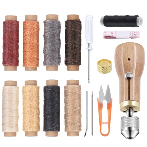 Glarks 15Pcs Sewing Awl Kit Portable Leather Stitching Repair Stitch Tool Including Handheld Sewing Awl 8 Colors Waxed Threads with Straight and Bent Needles and Small Screwdriver for DIY Craft von Glarks