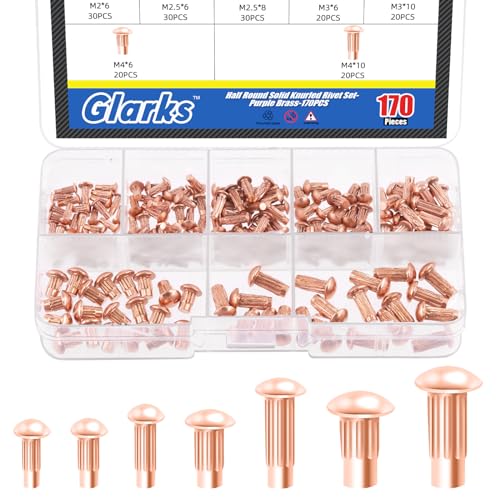 Glarks 170pcs Solid Nieten Knulled Shanks Set, M2 M2.5 M3 M4 Halbrunder Kopf Rot Kupfer Solid Nieten Sortiment Kit mit Aufbewahrungsbox Home Outdoor Hardware Tool von Glarks