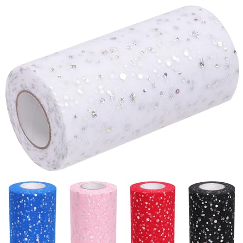 Glarks 1Pcs 15CM x 50Yards (150FT) Glitter Tüll Rollen, weiße funkelnde Tüll Spule Band Paillette Tüll Netzstoff für DIY Tutu Rock Hochzeit Geburtstag Baby Dusche von Glarks