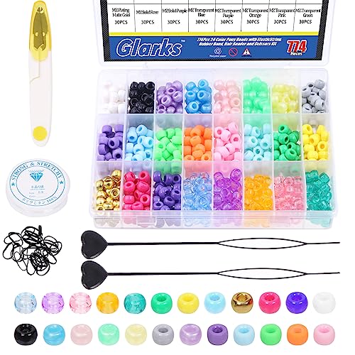 Glarks 24 Color Pony Beads with Elastic String, Rubber Band, Hair Beader and Scissors Kit, Solid Pearlescent Transparent Frosted Rainbow Beads Hair Beads for Braids Bracelet Making Craft (1254) von Glarks