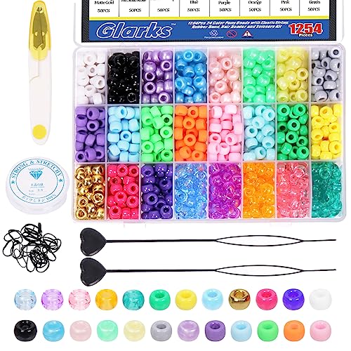 Glarks 24 Color Pony Beads with Elastic String, Rubber Band, Hair Beader and Scissors Kit, Solid Pearlescent Transparent Frosted Rainbow Beads Hair Beads for Braids Bracelet Making Craft (774) von Glarks