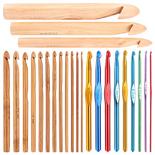 Glarks 24Pcs Crochet Hooks Set, 15Pcs 3 to 25 mm Wooden Bamboo Crochet Needle Knitting Hooks with 9Pcs 2 to 10 mm Aluminum 2-10 mm Handle Crochet Hooks for Sweater Hat Scarve Glove Knitted Weaving von Glarks