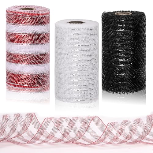 Glarks 3 Rolls Halloween Mesh Ribbon Deco Metallic Folie Poly Mesh Ribbon Sliver, rot mit weiß, schwarz Mesh Rolls für Kränze, Swags, Handwerk, Party und Dekoration Zubehör von Glarks