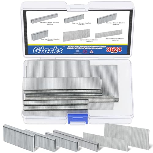 Glarks 3624Pcs 18 Gauge Schmale Krone Heftklammern, 4-Größen Galvanisierte Krone Schmale Heftklammern Sortiment Kit und 1", 2" Brad Nails für DIY Heimwerker (Silber) von Glarks