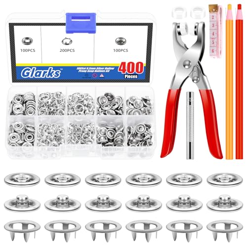 Glarks 407pcs 9.3mm silberfarbenes Metall-Druckknöpfe-Set, hohle Zinken-Druckknöpfe mit Maßband und rot/gelber Schneiderkreide-Set für Heimwerker, Nähen, Basteln von Glarks