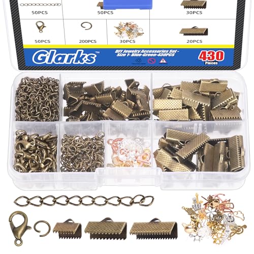 Glarks 430Pcs Bronze Band Armband Kit Lesezeichen Pinch Crimp Enden Hummer Verschlüsse mit offenen Sprung Ringe und Kette Extender für DIY Herstellung Lesezeichen Pinch Armband Choker Halskette von Glarks