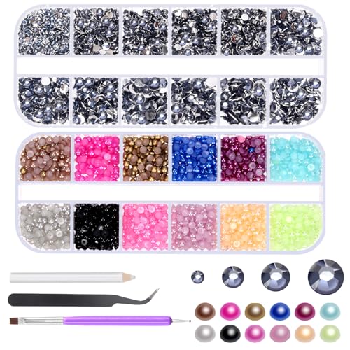 Glarks 4403Pcs Strass Edelsteine und Flatback Perlen Set, Tinte Blau Strass und gemischte Farben Flatback Perlen mit 3pcs Werkzeuge für Handwerk Kleidung Schuhe von Glarks