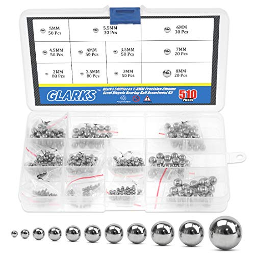 Glarks 510 Stück 11 Größe 2–8 mm metrische Präzisions-Chromstahl sortierte lose Fahrradlager Kugel-Sortiment-Kit von Glarks