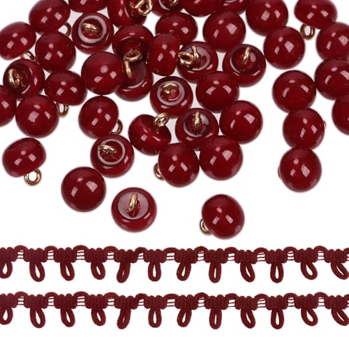 Glarks 51pcs Wine red 10MM Half Round Pearl Buttons Faux Half Ball Pearl Decorative Buttons with 1Pcs tool for Clothes, Craft, Sewing von Glarks