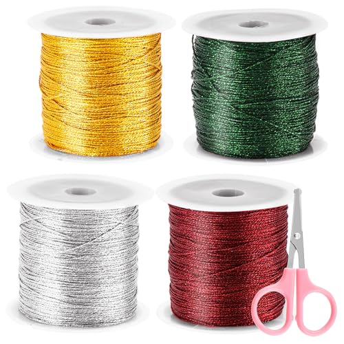 Glarks 5Pcs 4 Rolls 50M/55Yards Metallic Cord String Set, rot, Dunkles Gold, Silber, Schwarzgrün Nicht Stretch Faden Metallic Cord mit 1pcs rosa Schere String Metallic Cord von Glarks