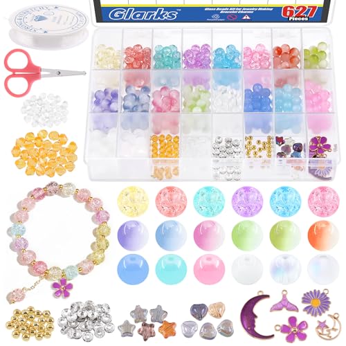 Glarks 627Pcs Glass Beads Kit for Jewelry Making Bracelet Charms Set Bulk Crafts Round Glass Beads Diamond Bead Crystal Beads for Beading Necklace Adults Beginners von Glarks