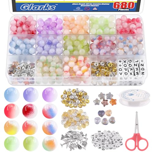 Glarks 680Pcs Glass Beads Kit for Jewelry Making 480Pcs 8mm Glass Beads Round Beads with Accessories 12 Colors Bicolors Round Beads for Charms Bracelet Jewelry Making Beads Kit Gifts von Glarks