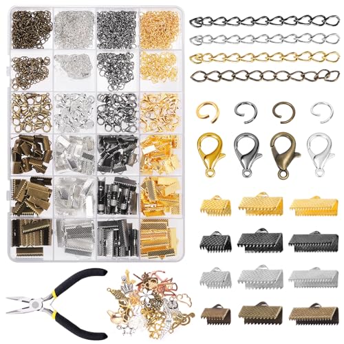 Glarks 771Pcs 4 Colors Ribbon Bracelet Kit Bookmark Pinch Crimp Ends Lobster Clasps with Open Jump Rings and Chain Extenders for DIY Making Bookmark Pinch Bracelet Choker Necklace von Glarks