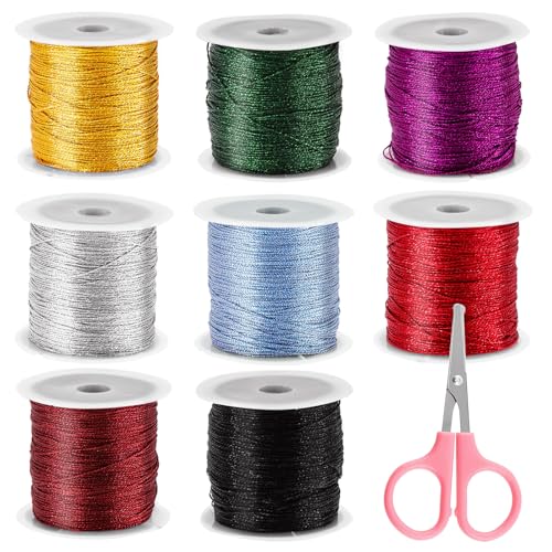 Glarks 9Pcs 8 Rolls 50M/55Yards Metallic Cord String Set, 8 Farben Nicht Stretch Faden Metallic Cord mit 1pcs rosa Schere String Metallic Cord für die Schmuckherstellung von Glarks