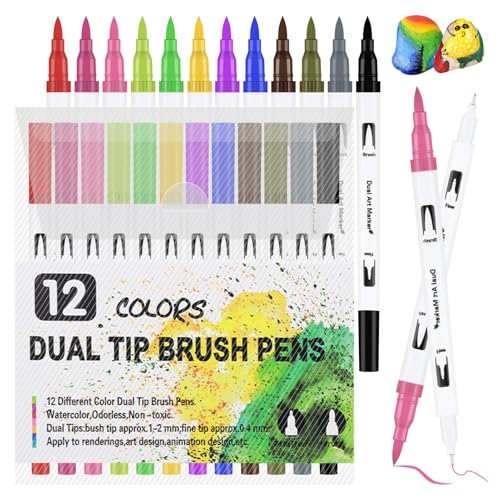 Dual Brush Pen Set, 12 Farben Doppelköpfige filzstifte Aquarellstifte Dicke und Dünne Pinselstifte Handlettering Stifte Doppelfasermaler Pinselstifte für Erwachsene Kinder Geeignet Malerei von GlasFlength