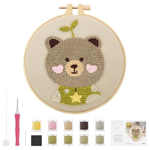 GlasFlength Kleiner Bär Stanznadel Stickerei Starter Kit, Punch Needle Stickerei Set mit Stoff Fäden Einfädelhilfe Mustern und Anleitungen Handarbeit Set Starter-Kits für Anfänger Kinder Erwachsene von GlasFlength